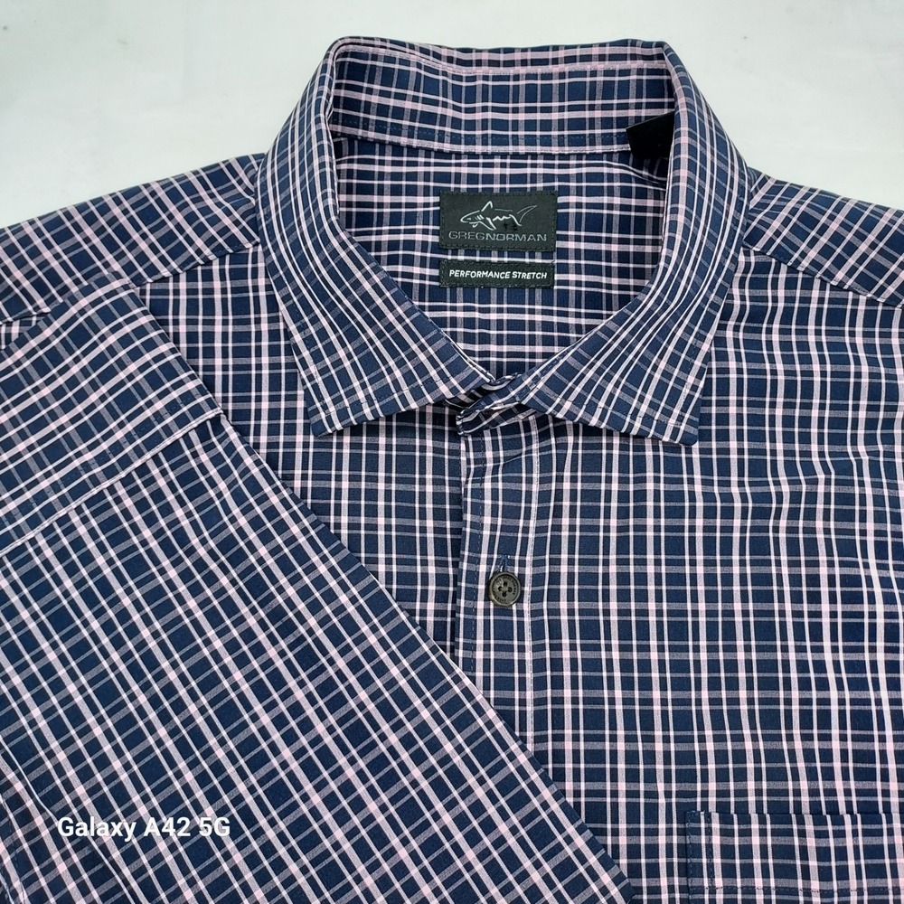 Greg Norman Mens Performance Stretch Plaid Button Down Shirt Navy Pink Large